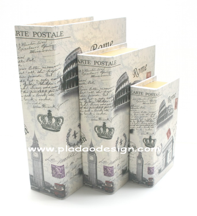 กล่องเก็บของทรงหนังสือแนววินเทจ 3 ใบชุด ลายโปสการ์ดการเดินทาง Paris Rome London Pisa