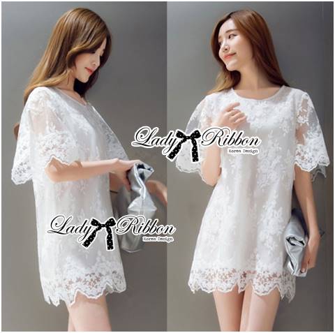 พร้อมส่ง Mini Dress เดรสแขนสั้นผ้าลูกไม้สีขาว