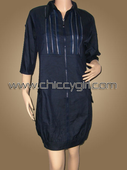 เสื้อคลุมตัวยาวซิบหน้าสีกรมท่า แต่งซิบที่อก มีกระเป๋าข้าง ผ้าเนื้อดีเกรดเอ (L)