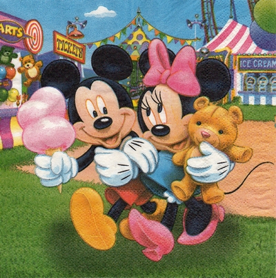 แนวภาพการ์ตูน Mickey & Minnie Mouse เที่ยวสวนสนุก เป็นภาพบล็อค 4 กระดาษแนพกิ้นสำหรับทำงาน เดคูพาจ Decoupage Paper Napkins ขนาด 33X33cm