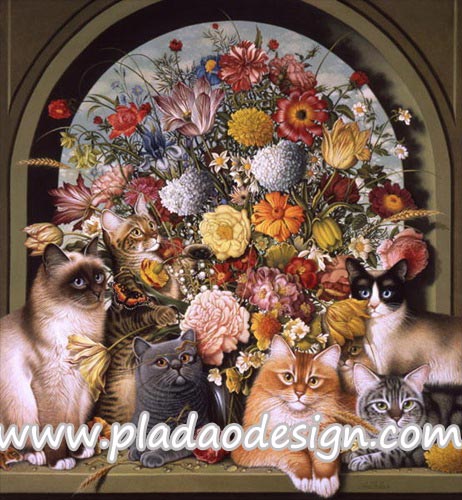กระดาษสาพิมพ์ลาย สำหรับทำงาน เดคูพาจ Decoupage แนวภาำพ แมว 6 ตัว 6 พันธ์ แอ๊คท่าถ่ายรูป หน้าช่อดอกไม้ขนาดใหญ่ (ปลาดาวดีไซน์)