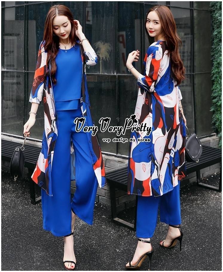 เสื้อผ้าเกาหลี พร้อมส่ง ชุดเซตสามชิ้นงานสวย ผ้าชีฟอง