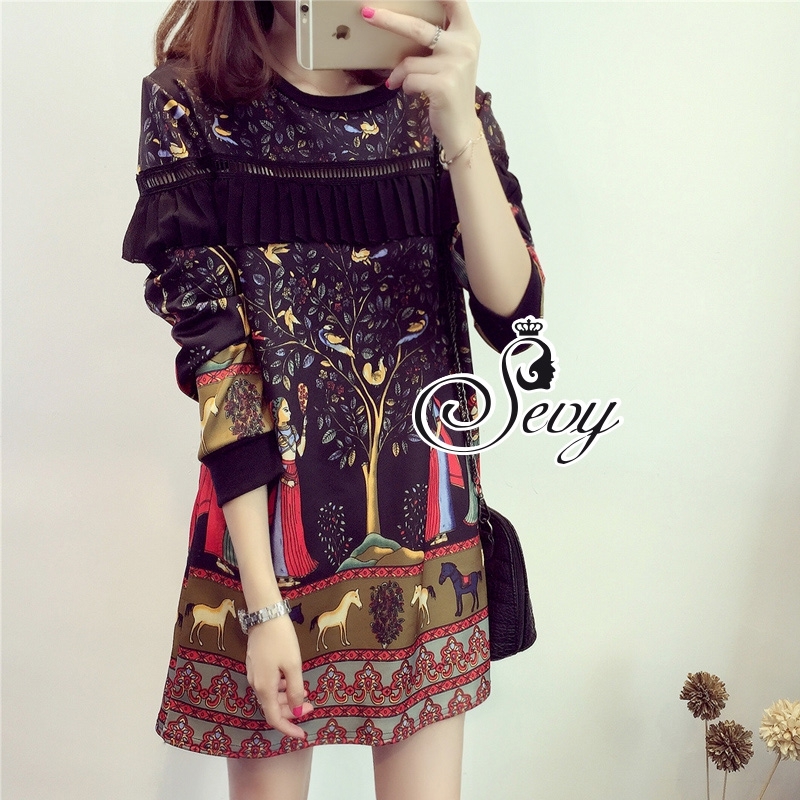 พร้อมส่ง เดรสสั้นทรงดินสอ ทรงตรง แขนยาว พิมพ์ลายฟาโรห์