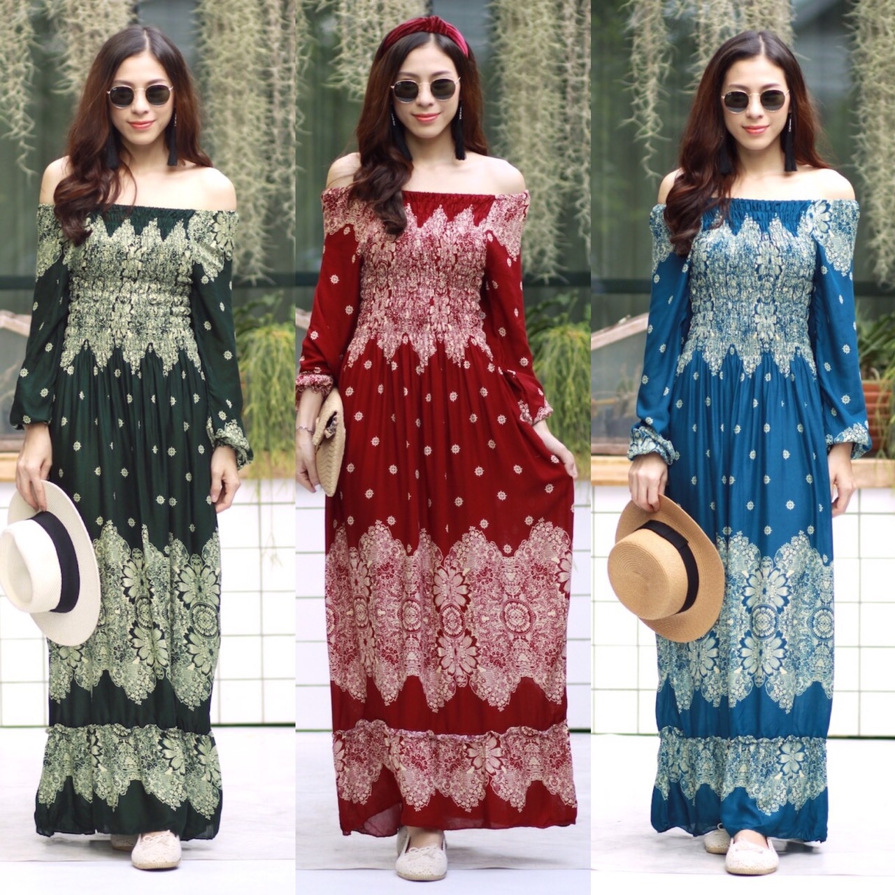 ชุดเดรสเกาหลี พร้อมส่ง เดรสยาว Maxi ปริ้นลายเชิง