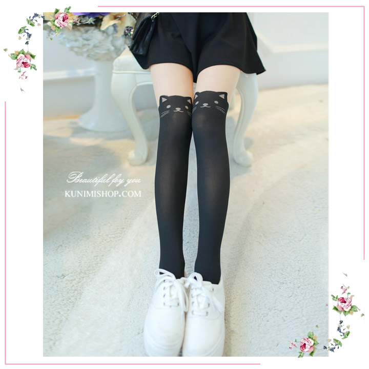 WL002 ถุงน่องแบบเต็มตัวน่ารัก สีทูโทน เนื้อและดำ ลายแมวเหมียว