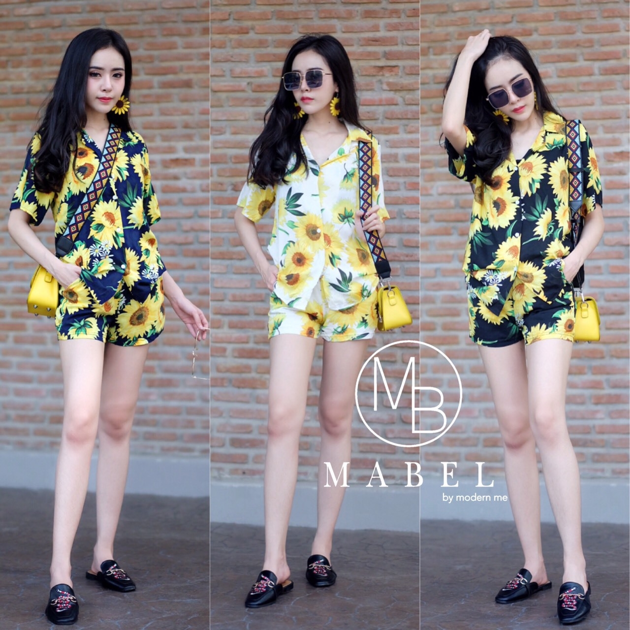 เสื้อผ้าเกาหลี พร้อมส่ง เสื้อ กับ กางเกง ลายดอกทานตะวัน