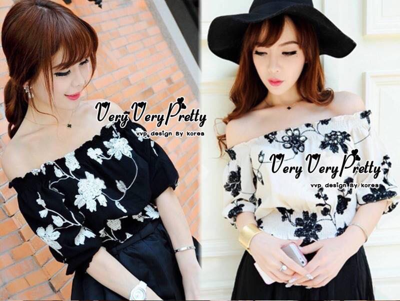 พร้อมส่ง เสื้อปาดไหล่ ลุคสาวเกาหลี เสื้อแฟชั่น