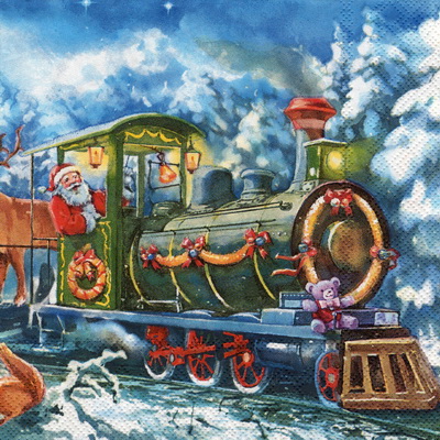 แนวภาพ Christmas รถไฟของขวัญซานเต้า กระดาษแนพกิ้นสำหรับทำงาน เดคูพาจ Decoupage Paper Napkins เป็นภาพแนวยาว ขนาด 33X33cm