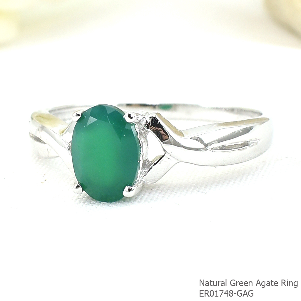 SKJewelryFactory แหวนพลอยเม็ดเดี่ยว พลอยกรีนอะเกทแท้ สีเขียวเหมาะสำหรับคนเกิดวันพุธ ER01748-GAG
