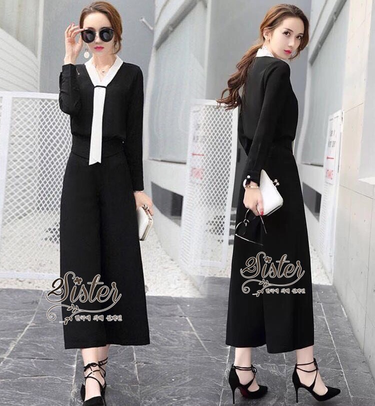 เสื้อผ้าเกาหลี พร้อมส่ง เสื้อคอวีกับกางเกงห้าส่วน
