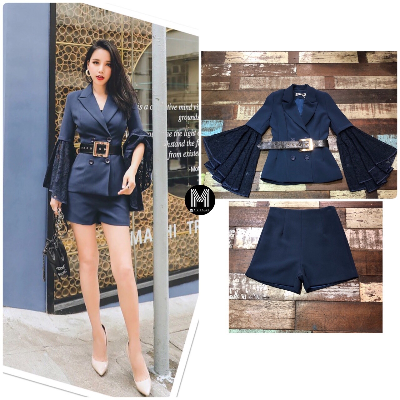 เสื้อผ้าเกาหลี พร้อมส่ง เสื้อสูทปลายแขนลูกไม้บาน+กางเกงขาสั้น