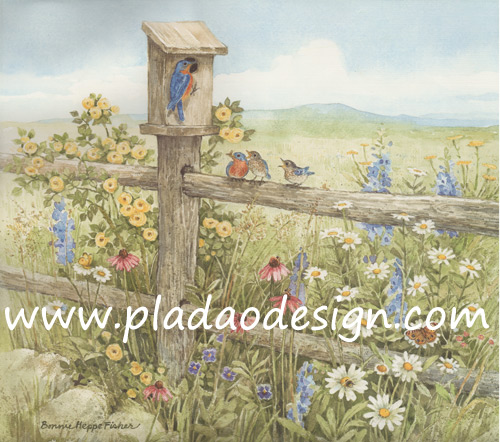 กระดาษสาพิมพ์ลาย สำหรับทำงาน เดคูพาจ Decoupage แนวภาำพ ภาพวาด หมู่นกมาประชุมกันที่บ้านนกบนหัวเสารั้วไม้ มีดอกไม้หลากสีรอบรั้ว (ปลาดาวดีไซน์)
