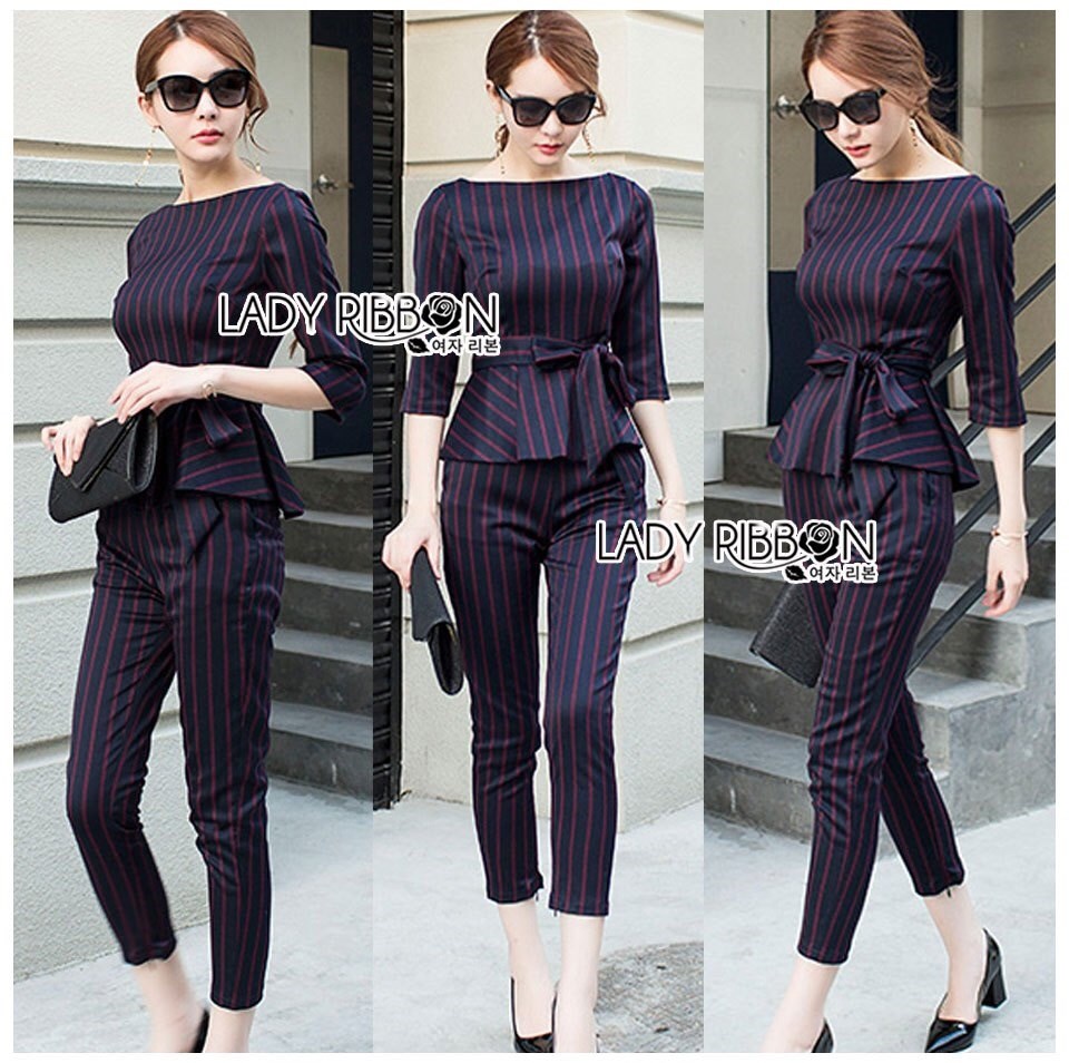 เสื้อผ้าเกาหลี พร้อมส่ง เซ็ตเสื้อแขนสามส่วนตกแต่งโบ
