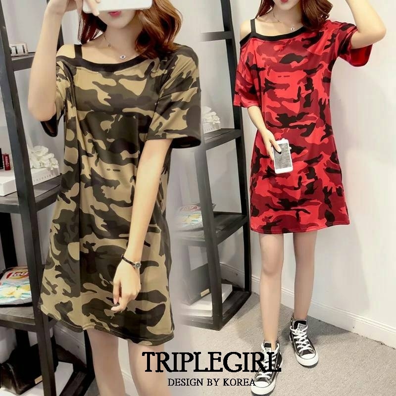 เดรสเกาหลี พร้อมส่ง มินิเดรส เสื้อเดรสตัวสั้น เปิดไหล่ ลายทหาร