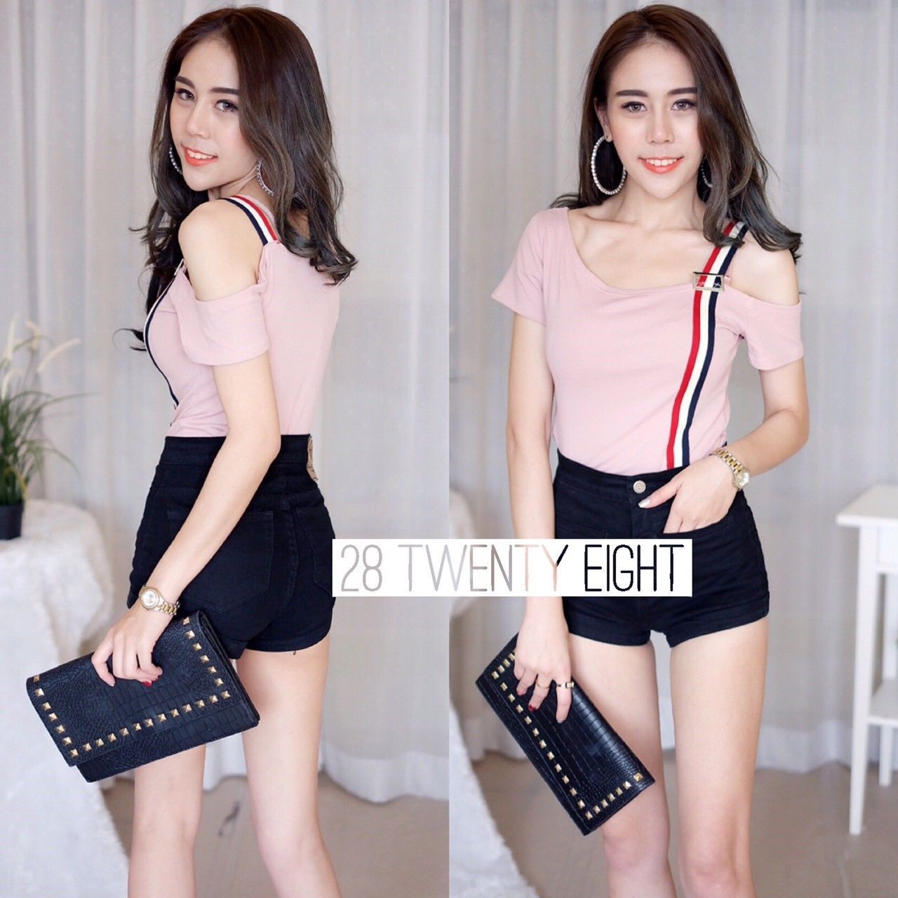เสื้อเกาหลี พร้อมส่ง เสื้อยืด เปิดไหล่ข้างเดียว