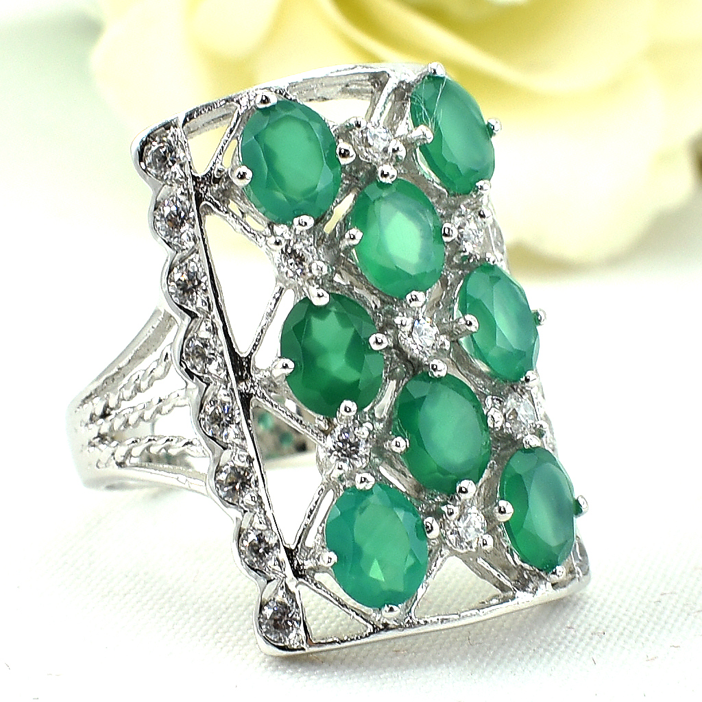SKJewelryFactory แหวนหน้าสี่เหลี่ยม พลอยกรีนอะเกทแท้ เหมาะใส่นิ้วกลางหรือนิ้วนาง ER00841-GAG