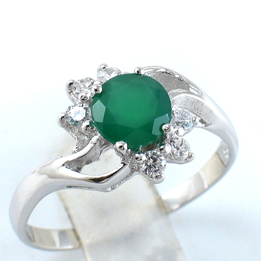 SKJewelryFactory แหวนพลอยกลมล้อมเพชร แหวนเงินแท้ 92.5% ฝังพลอยกรีนอะเกทแท้ ER01653-GAG