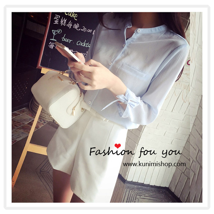 VS046 เสื้อแฟชั้น เสื้อเชิ้ต คอจีน กระดุมผ่าหน้า แขนยาว ช่วงปลายแขนมีเชือกผูกเป็นโบว์ ผ้าชีฟอง พลิ้ว ใส่สบาย รับกับหน้าร้อนคะ