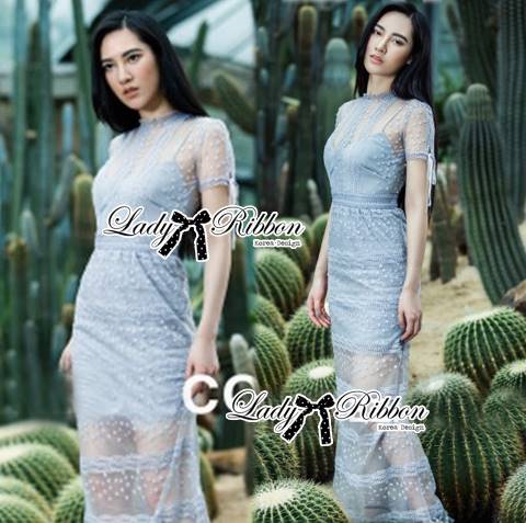 พร้อมส่ง เดรสยาวผ้าออร์แกนซ่าโปร่งปักลาย