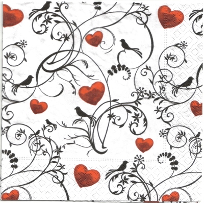 แนวภาพ Valentine นกวินเทจ กับหัวใจ เป็นภาพกระจายเต็มแผ่น กระดาษแนพกิ้นสำหรับทำงาน เดคูพาจ Decoupage Paper Napkins ขนาด 33X33cm
