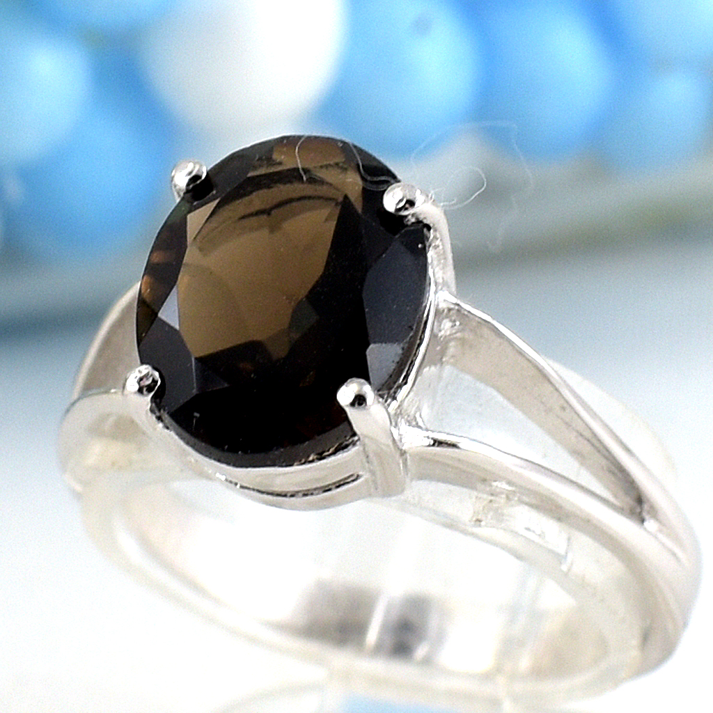 SKJewelryfactory แหวนเงินแท้ ฝังพลอยสโมกกี้ควอทซ์แท้ ดีไซน์ชูพลอยเรียบๆ ก้านแยก ER02388-SMQ