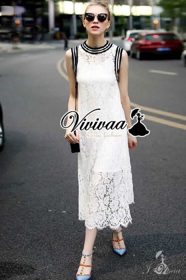 พร้อมส่ง เดรสตัวยาวเนื้อผ้าลูกไม้ ตัดขอบลายริ้ว