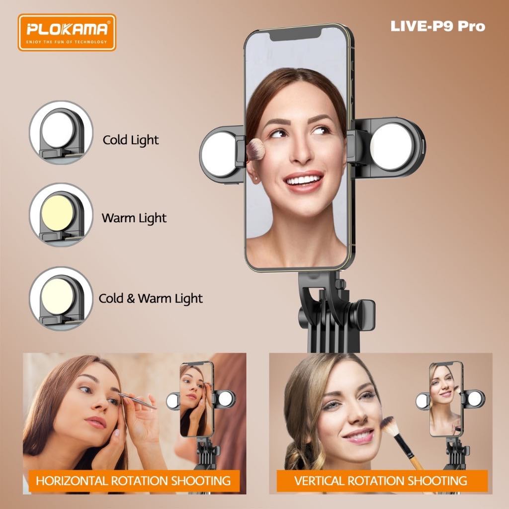 ไม้เซลฟี่มีไฟ พร้อมขาตั้งในตัว PLOKAMA LIVE-P9 PRO