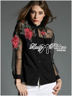 พร้อมส่ง เชิ้ตผ้าคอตตอนปักลายดอกกุหลาบประดับพู่