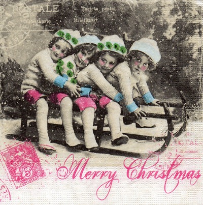 แนวภาพคริสต์มาส เด็กน้อยเล่นเลื่อน Merry Christmas วินเทจ เป็นภาพบล็อค 4 กระดาษแนพกิ้นสำหรับทำงาน เดคูพาจ Decoupage Paper Napkins ขนาด 33X33cm