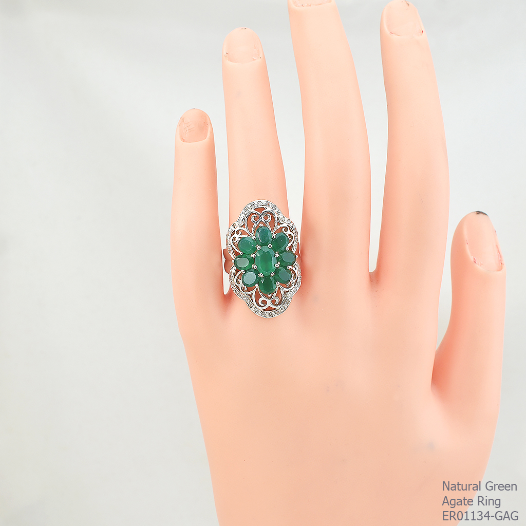 SKJewelryFactory แหวนที่เหมาะกับใส่นิ้วกลาง แหวนเงินแท้ 92.5% ฝังพลอยกรีนอะเกทแท้ แหวนดอกไม้ใหญ่ ER01134-GAG