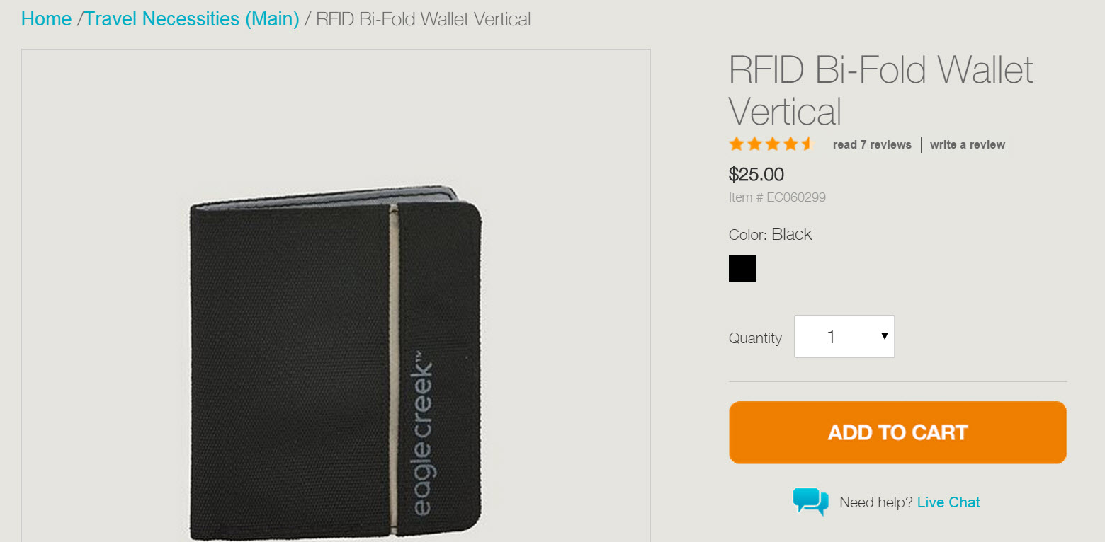 Eagle Creek - กระเป๋า สตางค์ 2 พับ แนวตั้ง ป้องกันการสแกนบัตร Travel Gear RFID Bi-Fold Wallet