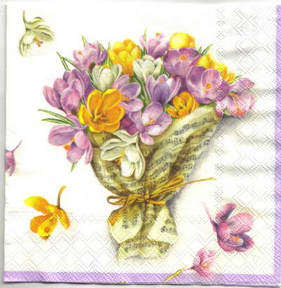 แนวภาพดอกไม้ ช่อดอกไม้ Bouquet ดอกบัวดินฝรั่ง Crocus เป็นภาพบล็อค 4 กระดาษแนพกิ้นสำหรับทำงาน เดคูพาจ Decoupage Paper Napkins ขนาด 33X33cm