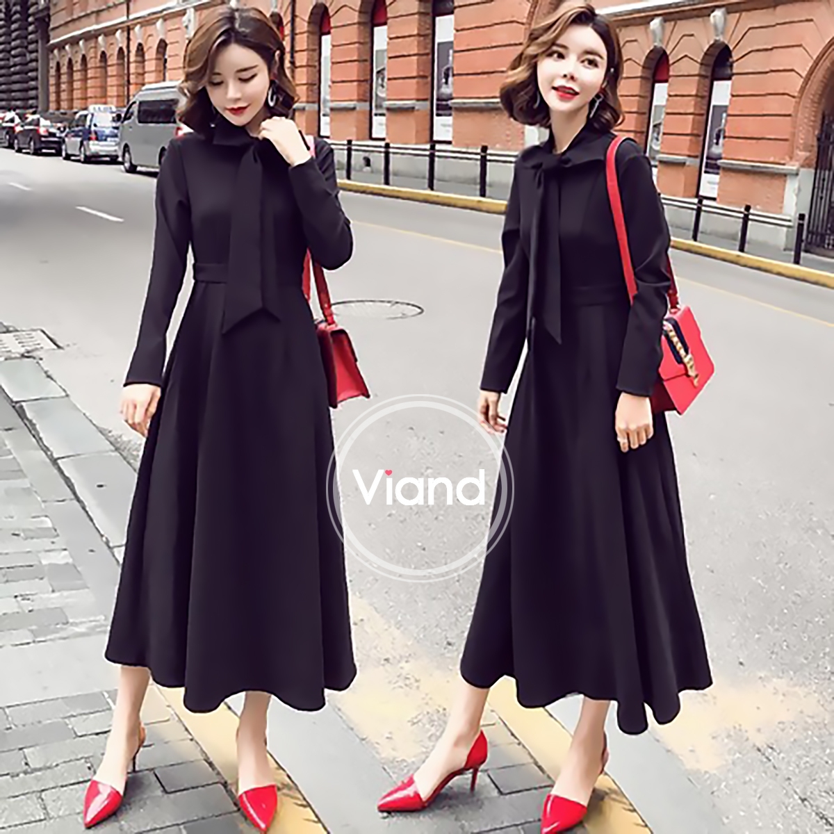 เดรสเกาหลี พร้อมส่ง เดรสยาว คอผูกโบว์