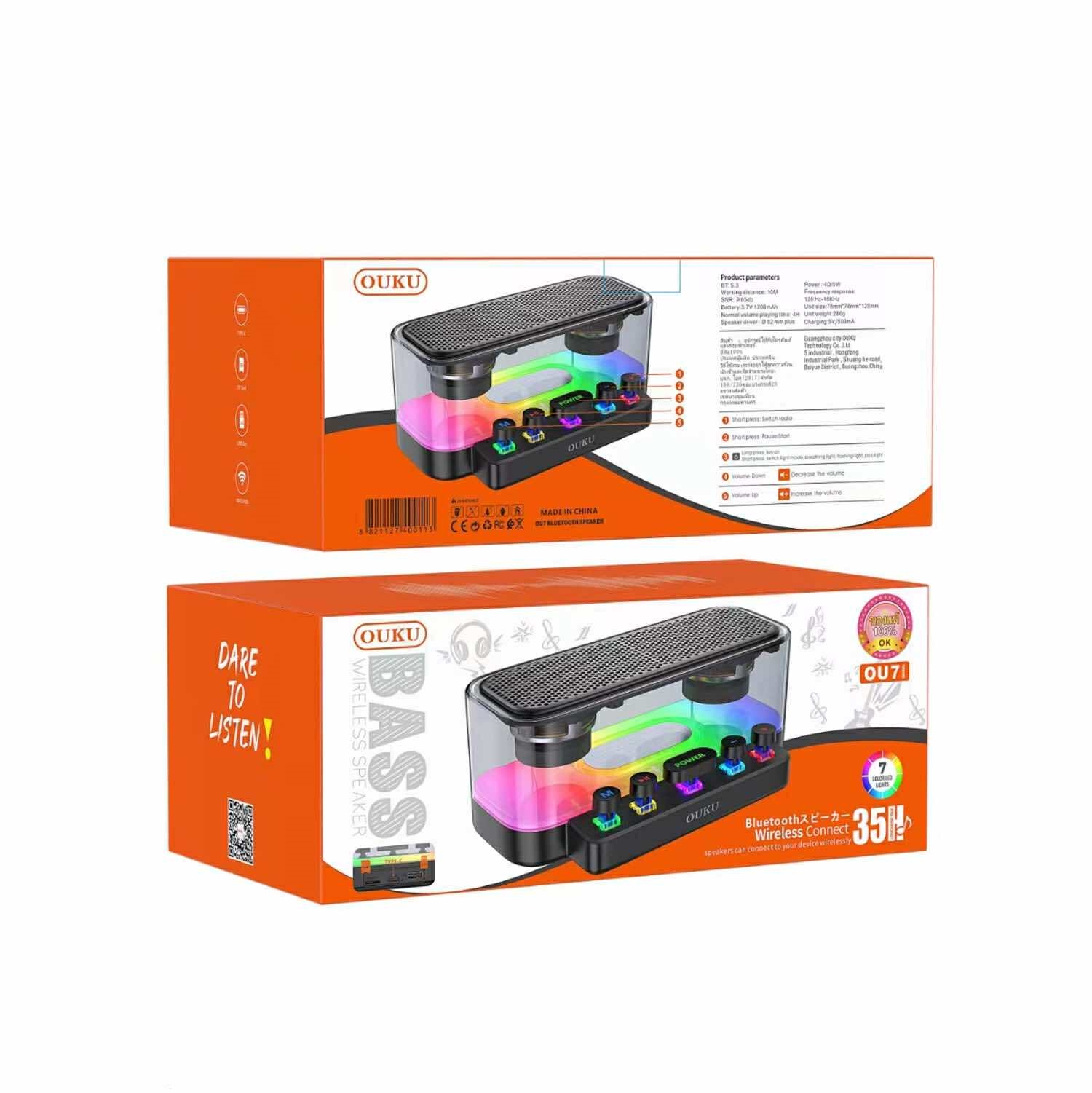 OUKU OU7 Bluetooth Speaker V5.4 ลำโพงบลูทูธ เสียงแน่น ไฟสวย ดีไซน์เท่ เสียงกระหึ่ม แบตอึด