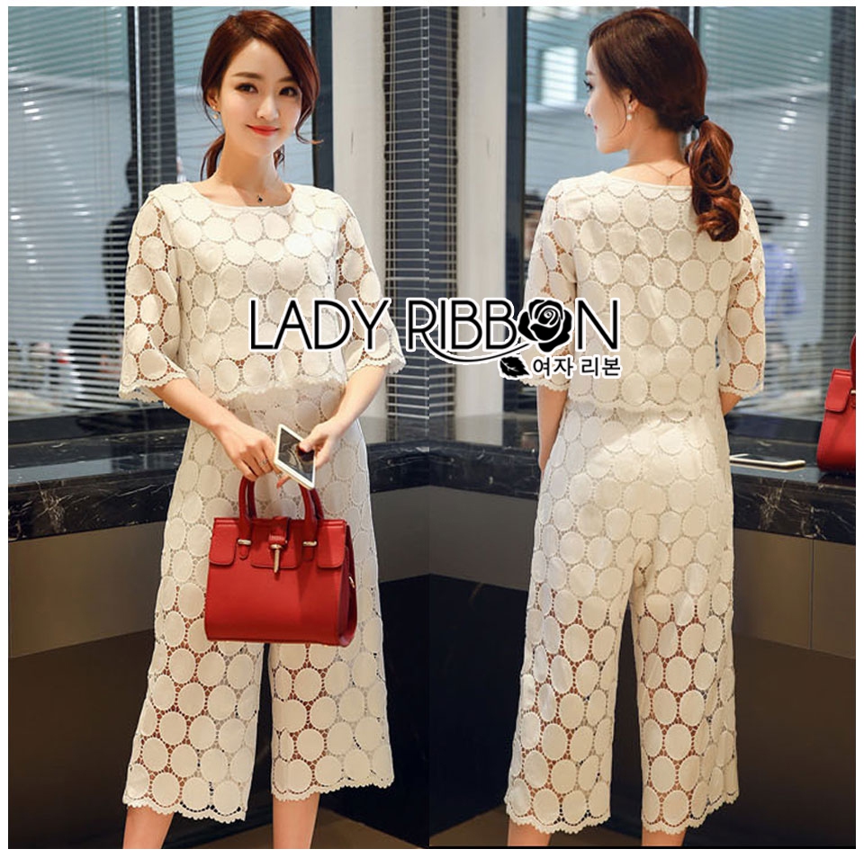 พร้อมส่ง เซ็ตเสื้อและกางเกงผ้าคอตตอนลูกไม้ปักลาย