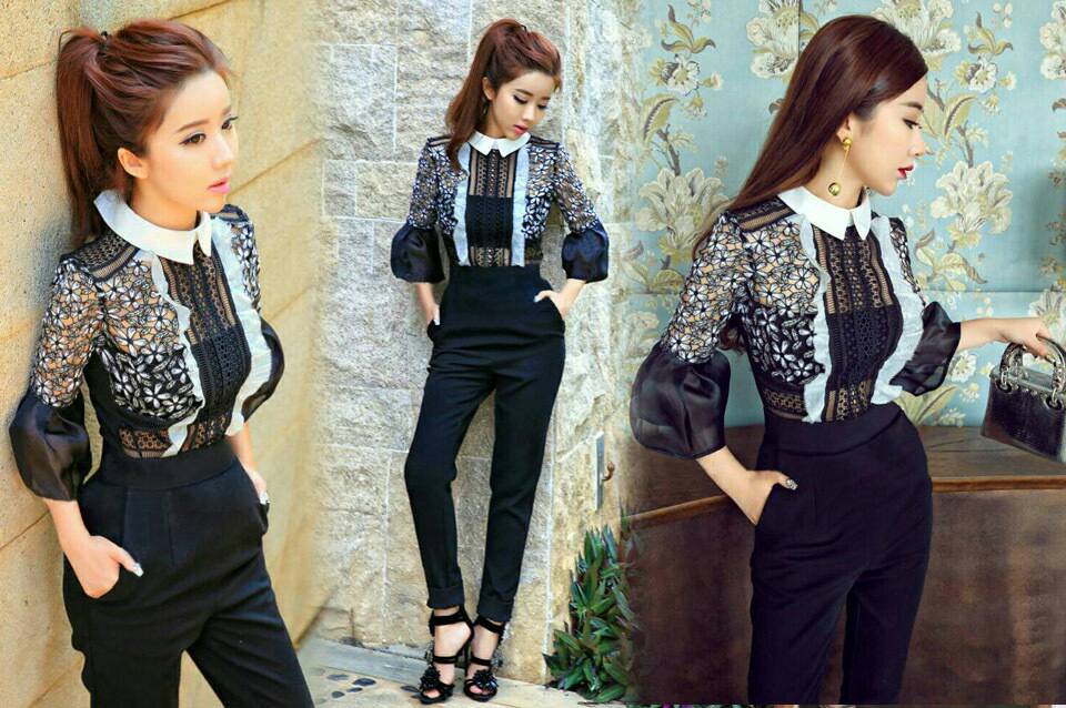 พร้อมส่ง Jumpsuit ชุดกางเกงจั๊มสุทคอปกสีขาว