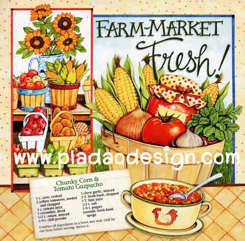 กระดาษสาพิมพ์ลาย สำหรับทำงาน เดคูพาจ Decoupage แนวภาำพ Farm Market Fresh ผัก ผลไม้ กับสูตรทำ chunky corn & tomato gazpacho สีสด (ปลาดาวดีไซน์)