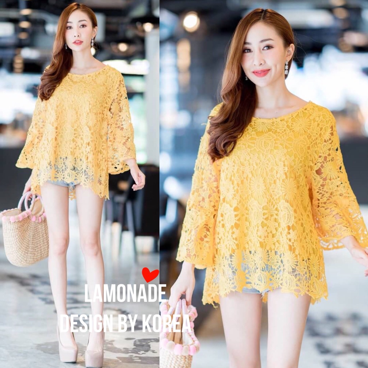 เสื้อเกาหลี พร้อมส่ง เสื้อลูกไม้ งานมีซับใน