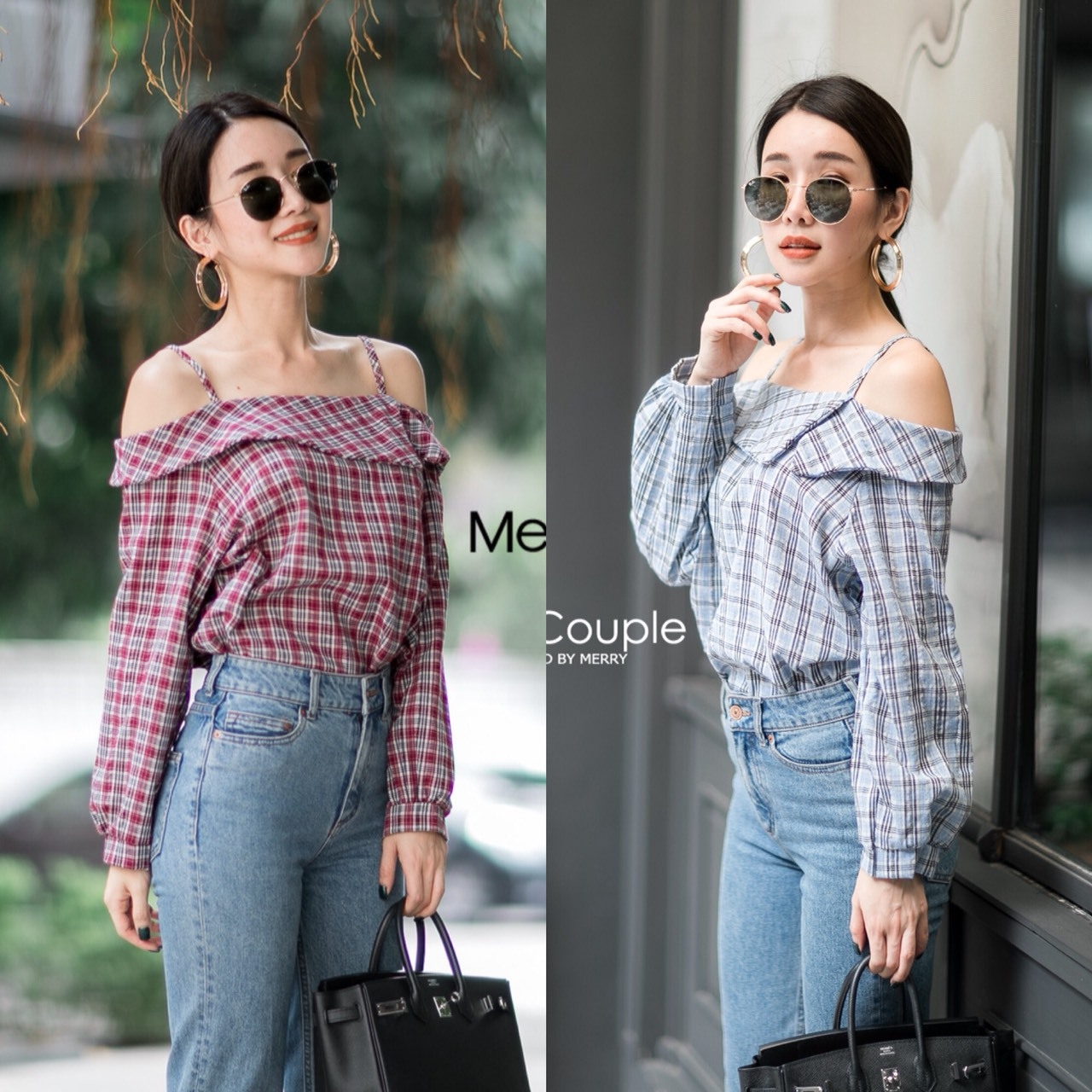 เสื้อเกาหลี พร้อมส่ง เสื้อสายเดี่ยว เปิดไหล่ ลายสก็อต