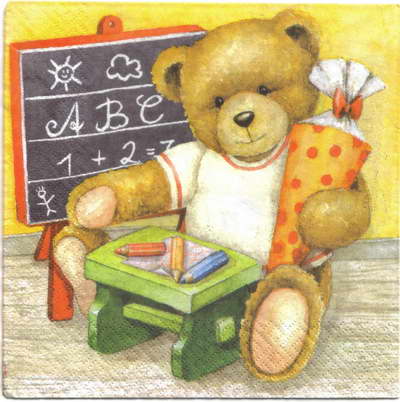 แนวภาพ Teddy Bears หมีเรียนหนังสือ เป็นภาพบล็อค 4 กระดาษแนพกิ้นสำหรับทำงาน เดคูพาจ Decoupage Paper Napkins ขนาด 33X33cm