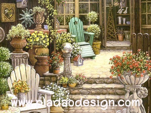 กระดาษอาร์ทพิมพ์ลาย สำหรับทำงาน เดคูพาจ Decoupage แนวภาพ บ้านและสวน เก้าอี้ในสวนหน้าบ้าน ภาพแนวนอน by Pladao Design Handmade