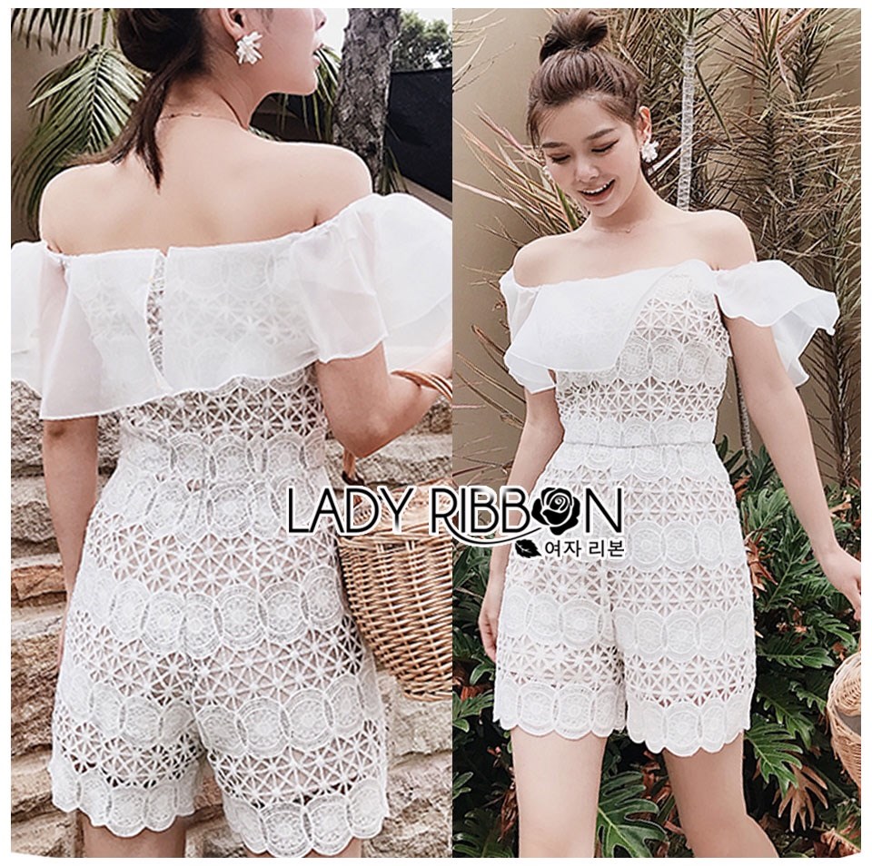เสื้อผ้าเกาหลี พร้อมส่ง เพลย์สูท ขาสั้นทรงเปิดไหล่