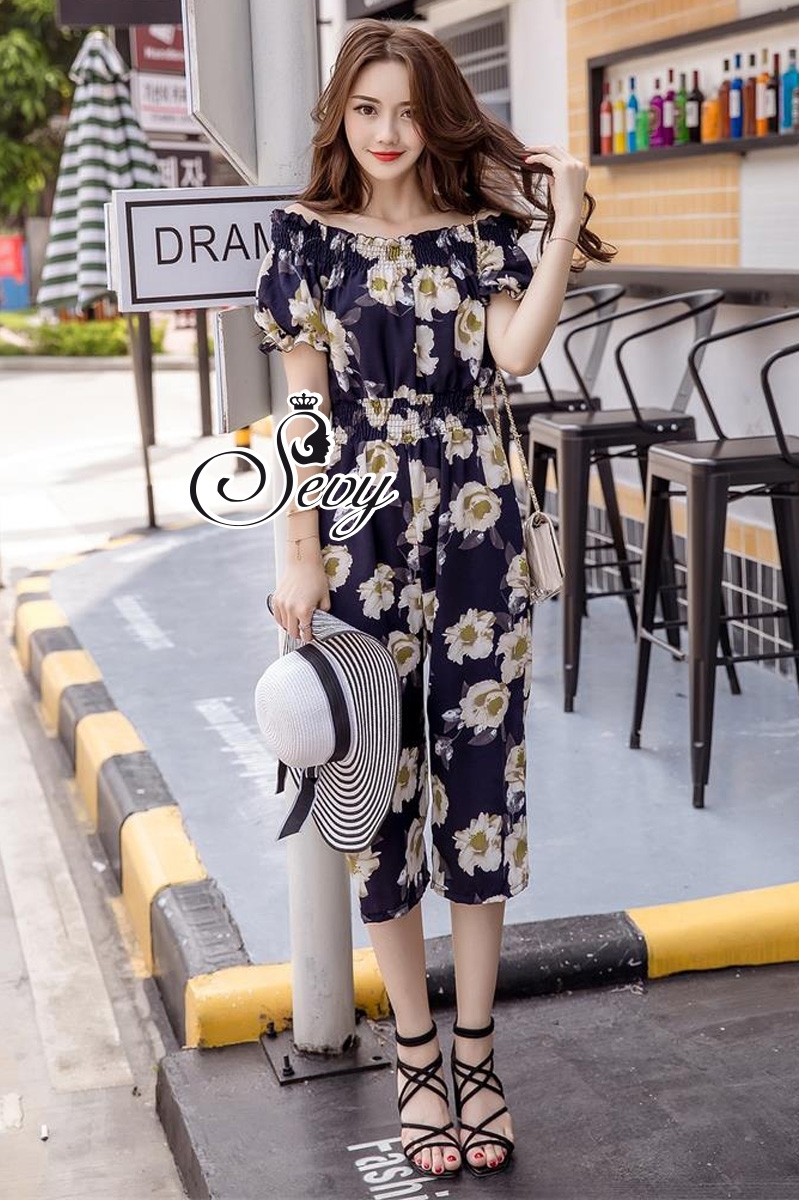 พร้อมส่ง จั้มสูทขายาวผ้าชีฟองพิมพ์ลายดอก