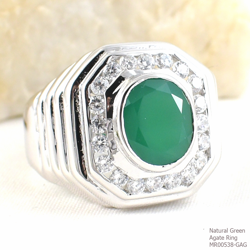 SKJewelryFactory แหวนชายล้อมเพชร พลอยกรีนอะเกทแท้ MR00538-GAG