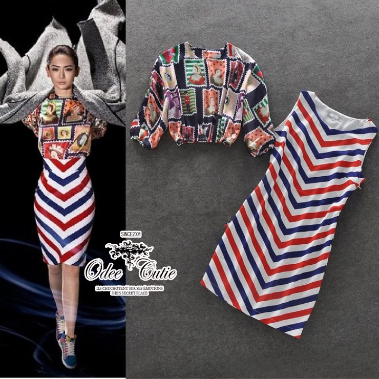 (พร้อมส่ง)ชุดเดรสเข้าเซ็ทเสื้อกับเดรสสายเดี่ยว ลุคสาวchic เสื้อตัวนอกทรงหลวมพิมพ์ลายแสตมป์ลายพิมพ์สีสันชัดเจนนะคะ เดรสตัวในโทนขาว-น้ำเงิน-แดง เข้าชุดกันค่ะ mix&matchได้หลายสไตล์