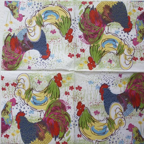 แนวภาพสัตว์ ลายเส้นลงสีไก่ ภาพโทนสีเหลือง เป็นภาพ 4 บล๊อค กระดาษแนพกิ้นสำหรับทำงาน เดคูพาจ Decoupage Paper Napkins ขนาด 33X33cm