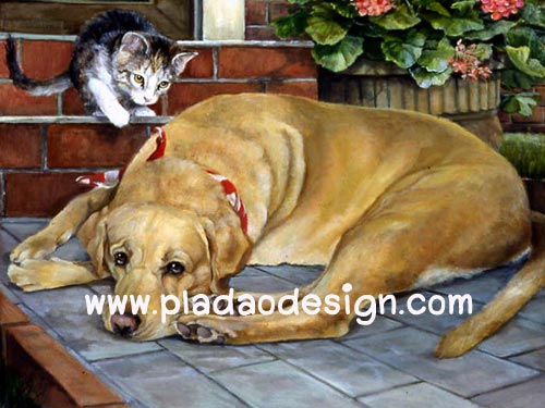 กระดาษสาพิมพ์ลาย สำหรับทำงาน เดคูพาจ Decoupage แนวภาพ ลูกแมวตัวน้อย พยายามปลุกพี่หมาตัวใหญ่มาเล่นกัน