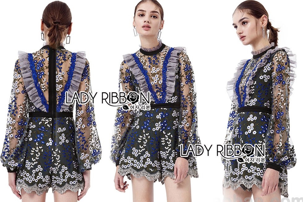 เสื้อผ้าเกาหลี พร้อมส่ง เพลย์สูท ผ้าลูกไม้ตกแต่งระบาย