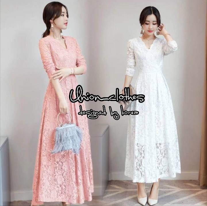 ชุดเดรสเกาหลี พร้อมส่ง Dress แขนยาว คอวี