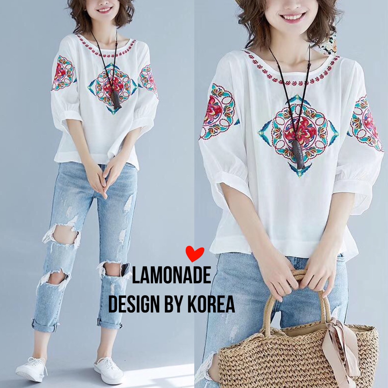 เสื้อเกาหลี พร้อมส่ง เสื้อแขนศอกผ้าลินิน ปักลาย